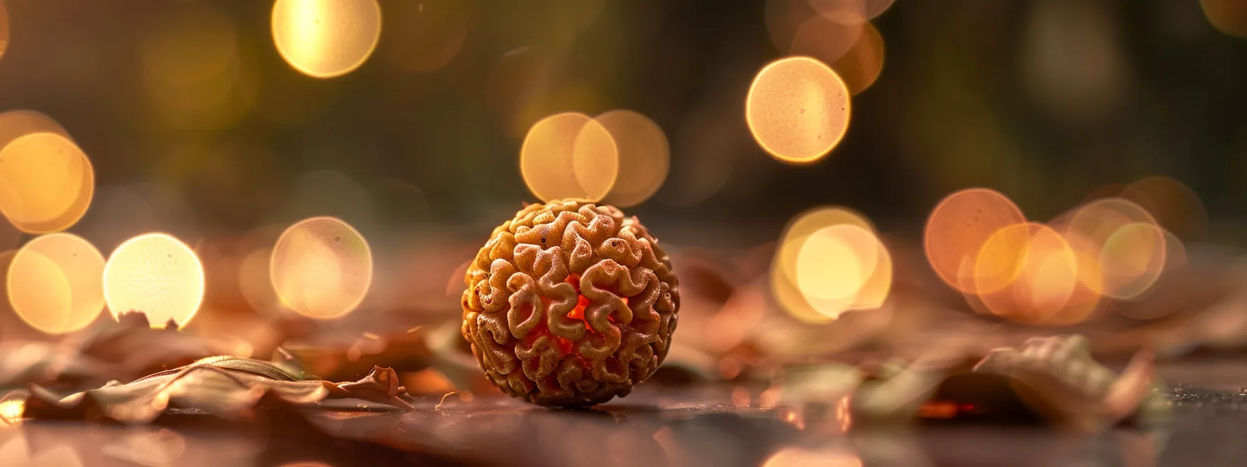 a shimmering one mukhi rudraksha bead, smooth and rounded, radiates powerful energy in the soft glow of a sacred space.