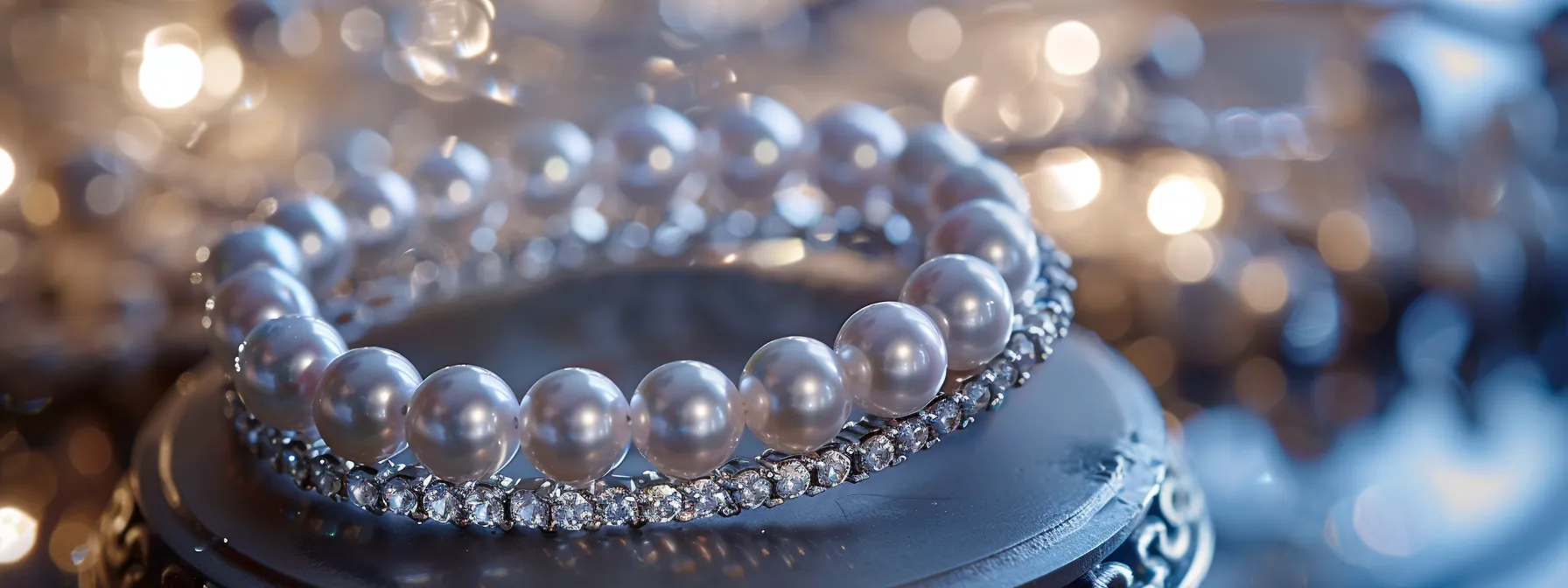 a shimmering pearl bracelet adorned with sparkling diamond accents rests gracefully on a polished silver stand, showcasing its timeless elegance and allure.