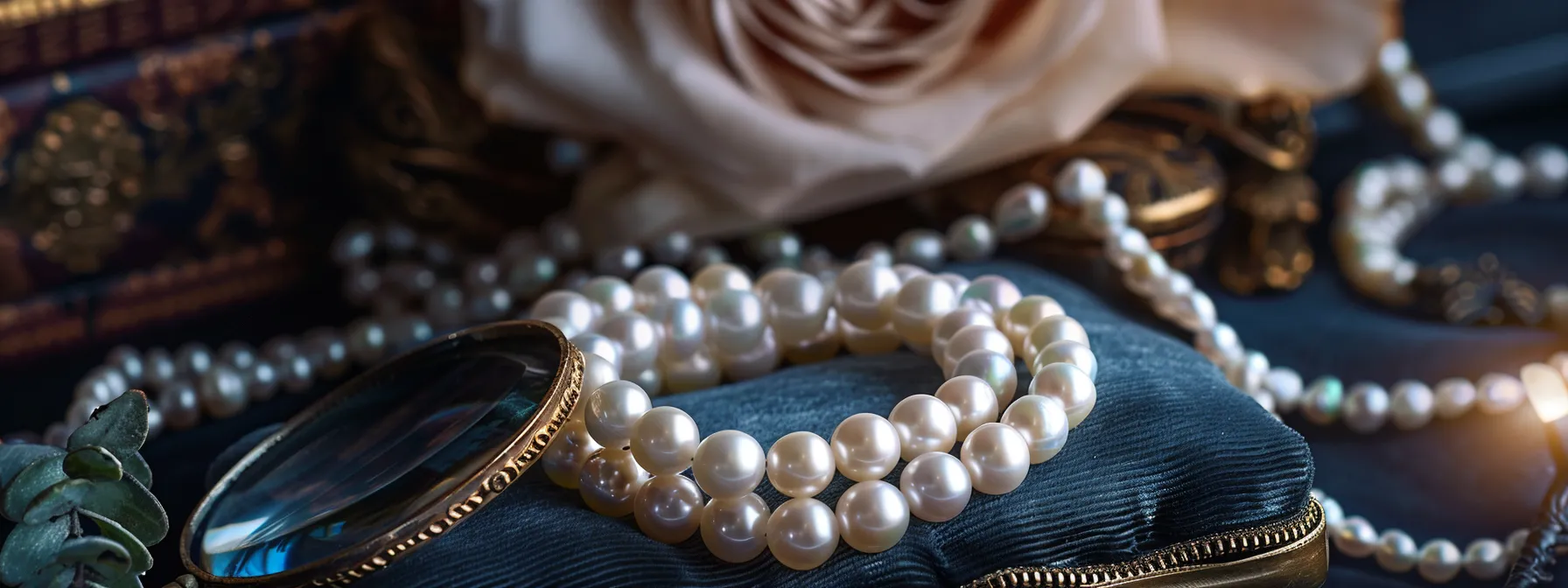 a shimmering pearl bracelet displayed on a luxurious velvet cushion, surrounded by elegant jewelry boxes and a magnifying glass.