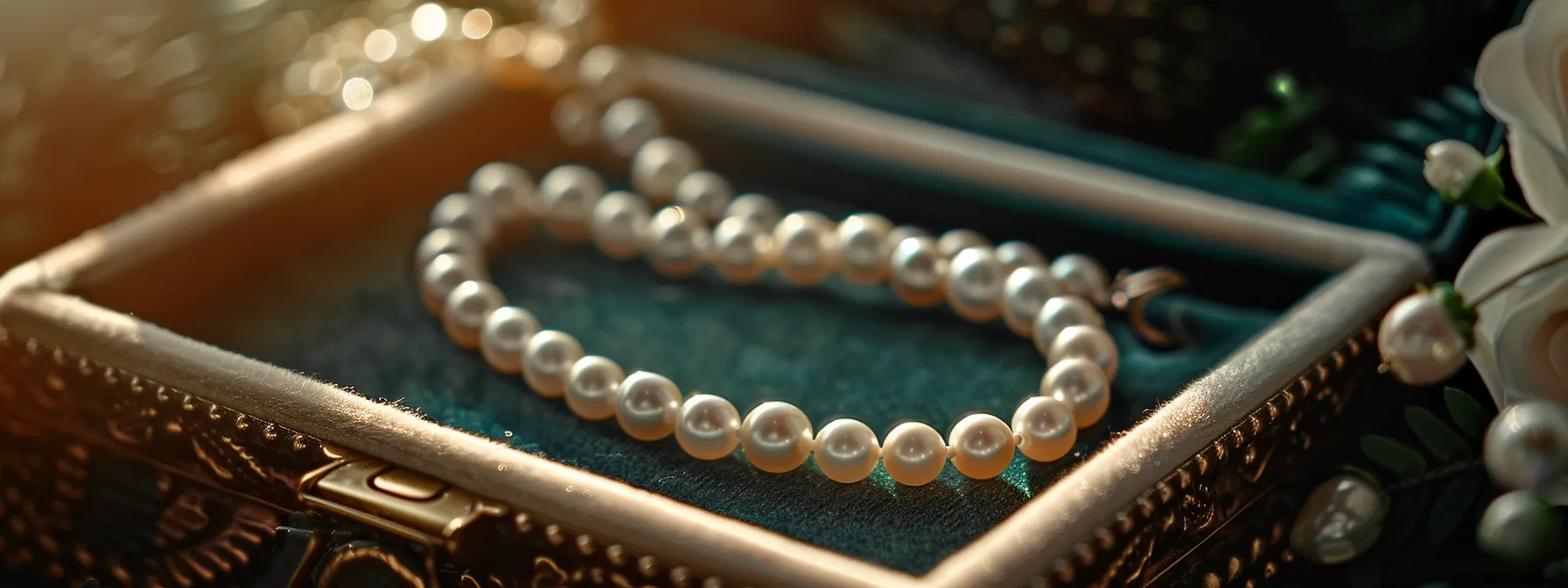 a shimmering pearl necklace delicately draped on a velvet-lined jewelry box, surrounded by soft lighting to show off its timeless elegance.