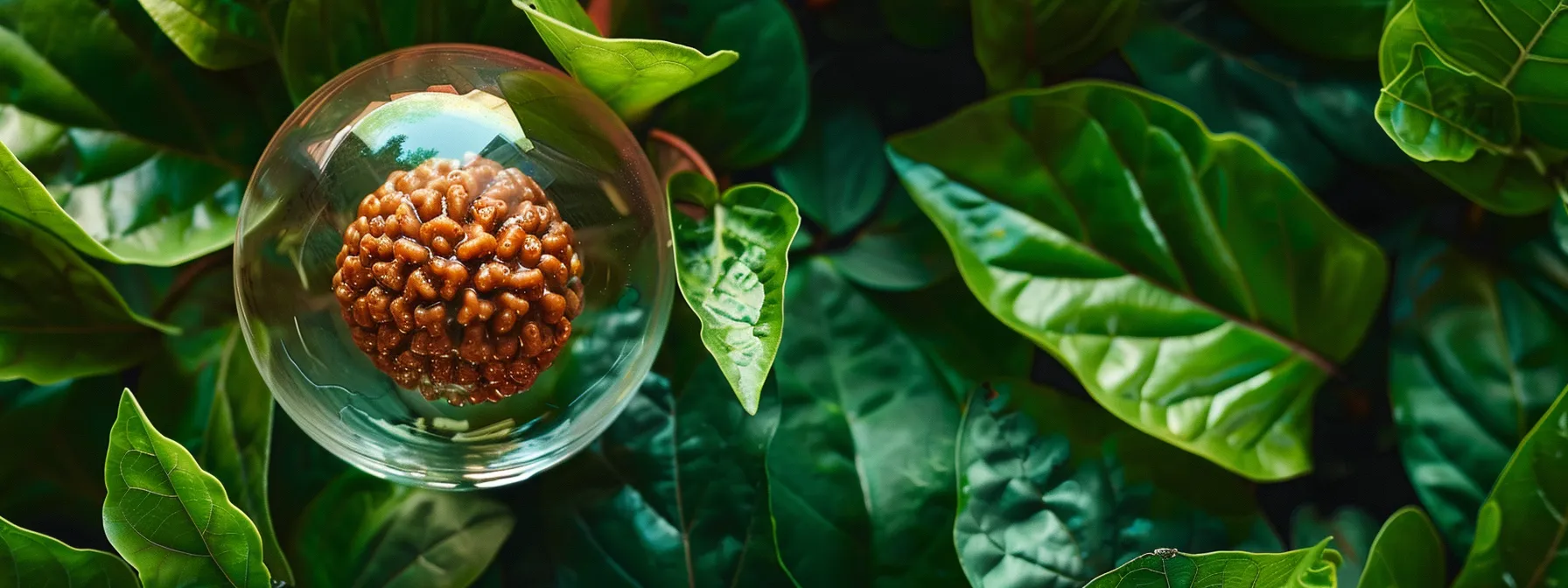 a shimmering ten mukhi rudraksha bead resting on a bed of vibrant green leaves, radiating spiritual energy and protected in a clear glass case.