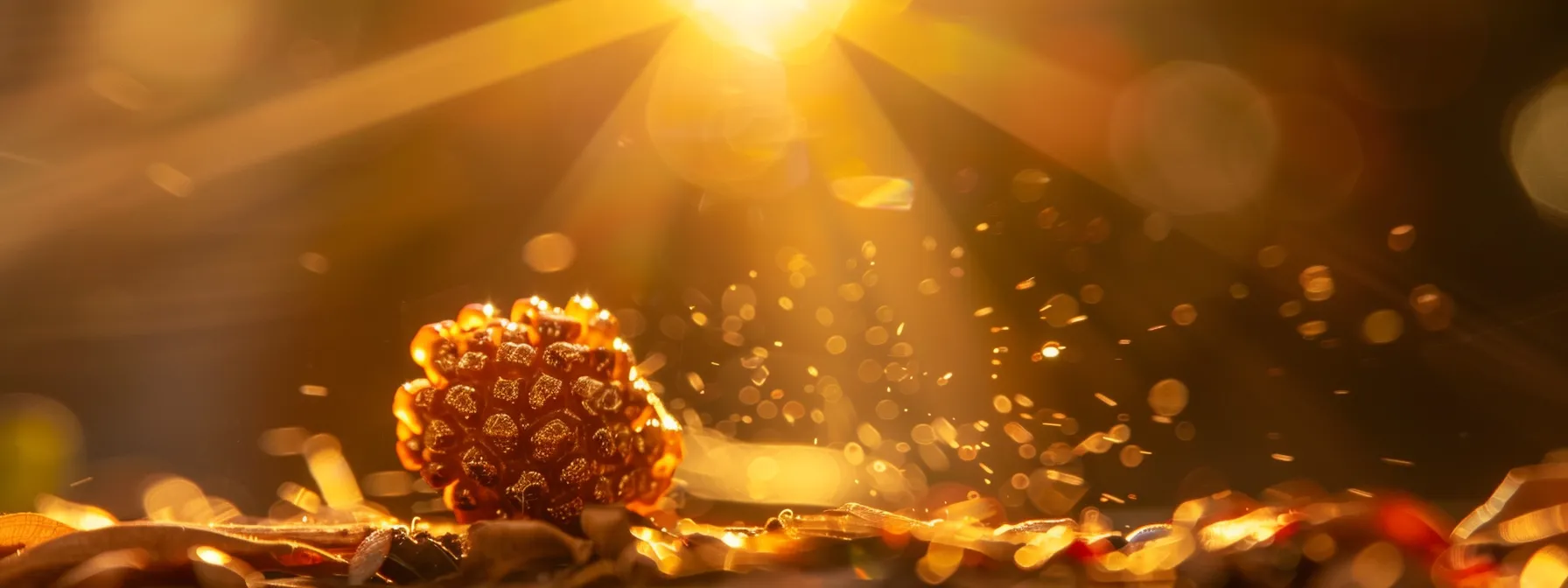 a shimmering three mukhi rudraksha bead being gently cleaned and sanctified in a ray of golden light.