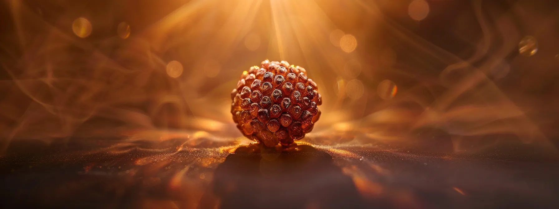 a shimmering three mukhi rudraksha bead radiating a powerful aura of spiritual healing and transformation.