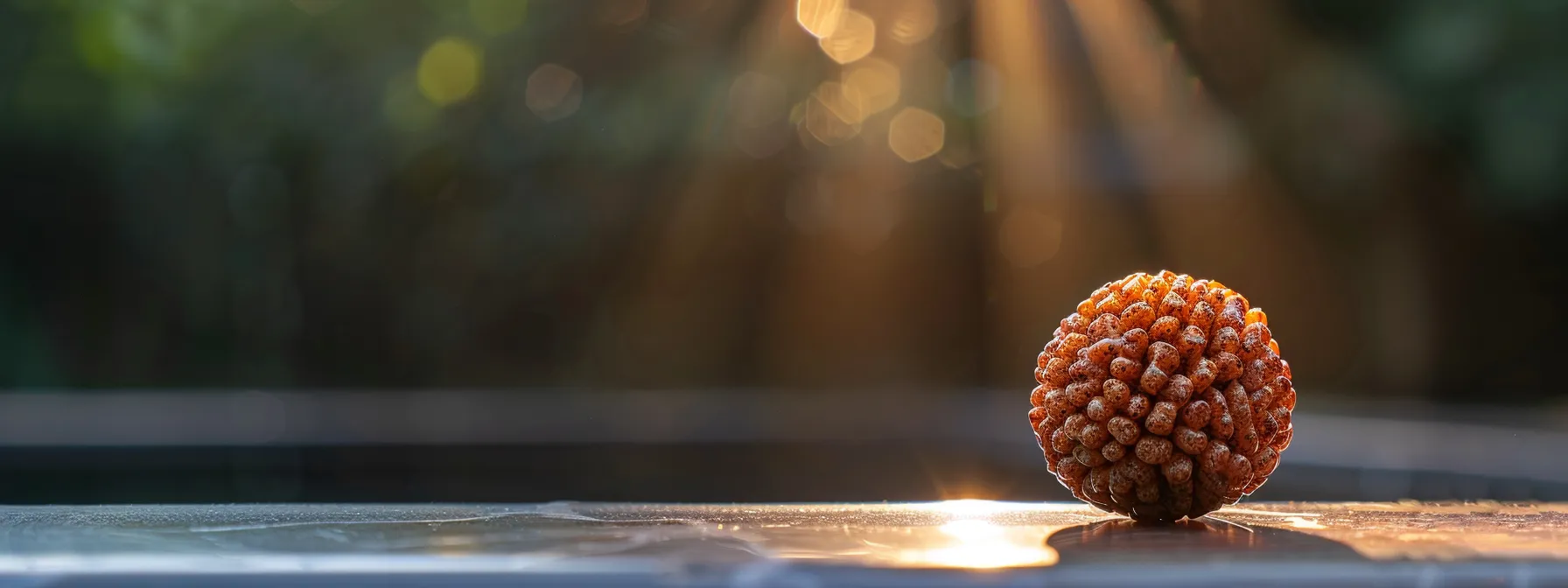 a shiny, well-maintained thirteen mukhi rudraksha gleaming under softly lit rays after a thorough cleaning process.