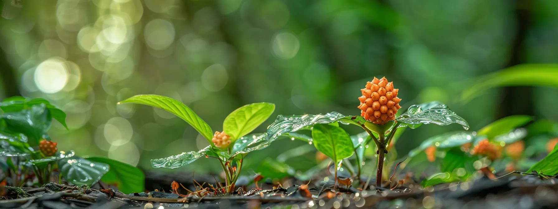 a silvery tear glimmers on a lush forest floor, from which a radiant seven mukhi rudraksha seed blossoms, emanating divine energy.