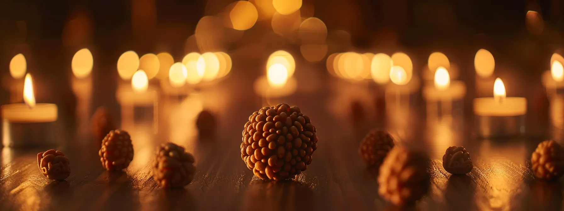 a single rudraksha bead surrounded by flickering candlelight, bathed in a soft, golden glow of spiritual energy.