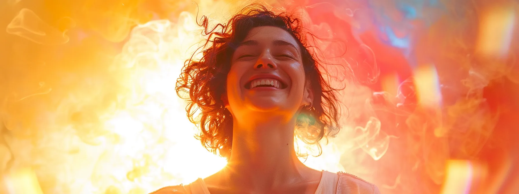 a smiling woman standing confidently, surrounded by positive affirmations and images of personal growth, symbolizing the profound impact of psych-k techniques on empowerment and transformation.