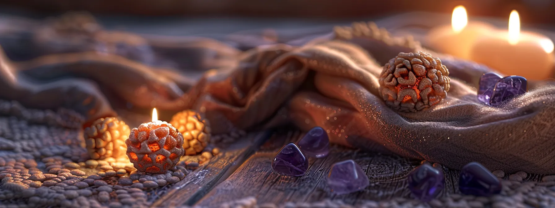 a soft cloth draped over a twenty mukhi rudraksha, surrounded by amethyst stones, under the gentle glow of candlelight.