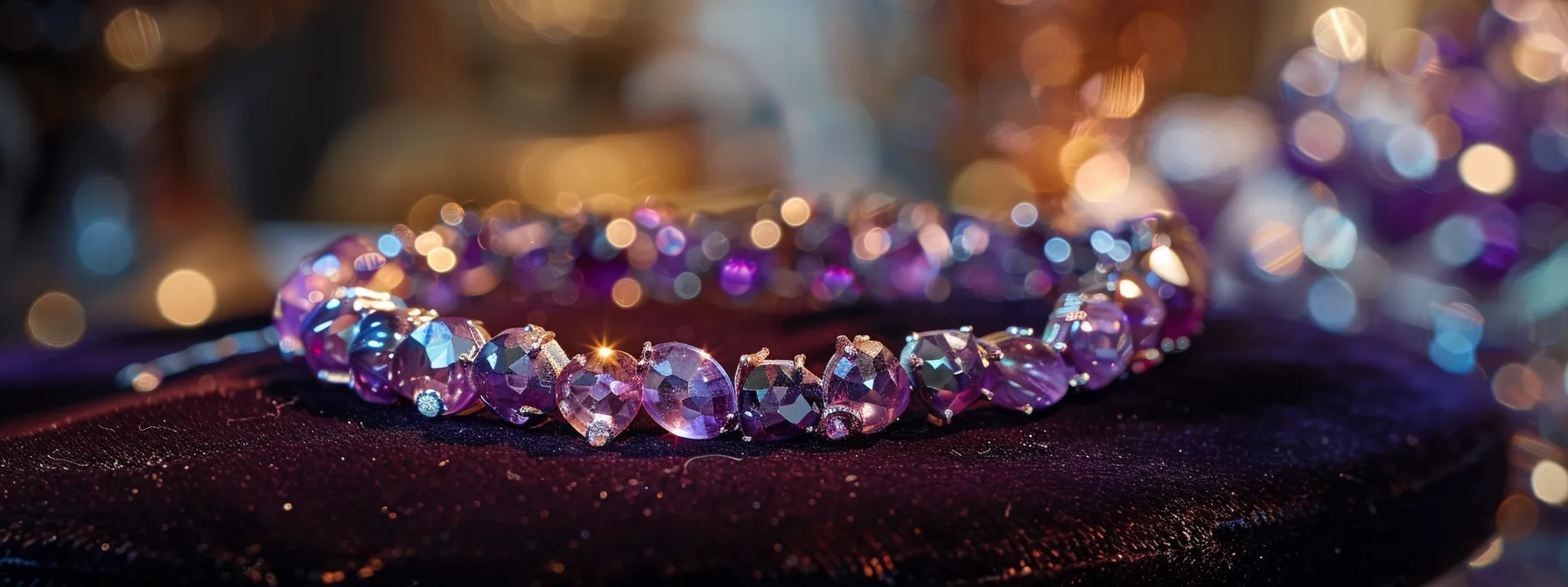 a sparkling amethyst bracelet showcased on a velvet display, surrounded by elegant gemstones.