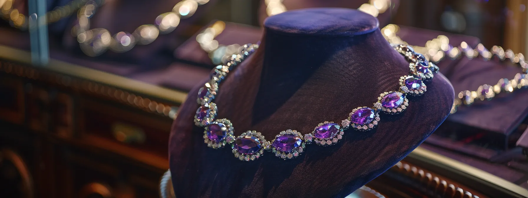 a sparkling amethyst necklace displayed on a velvet jewelry stand in an elegant australian boutique.