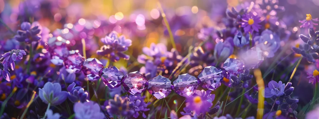 a sparkling amethyst necklace draped over a bed of vibrant australian wildflowers.