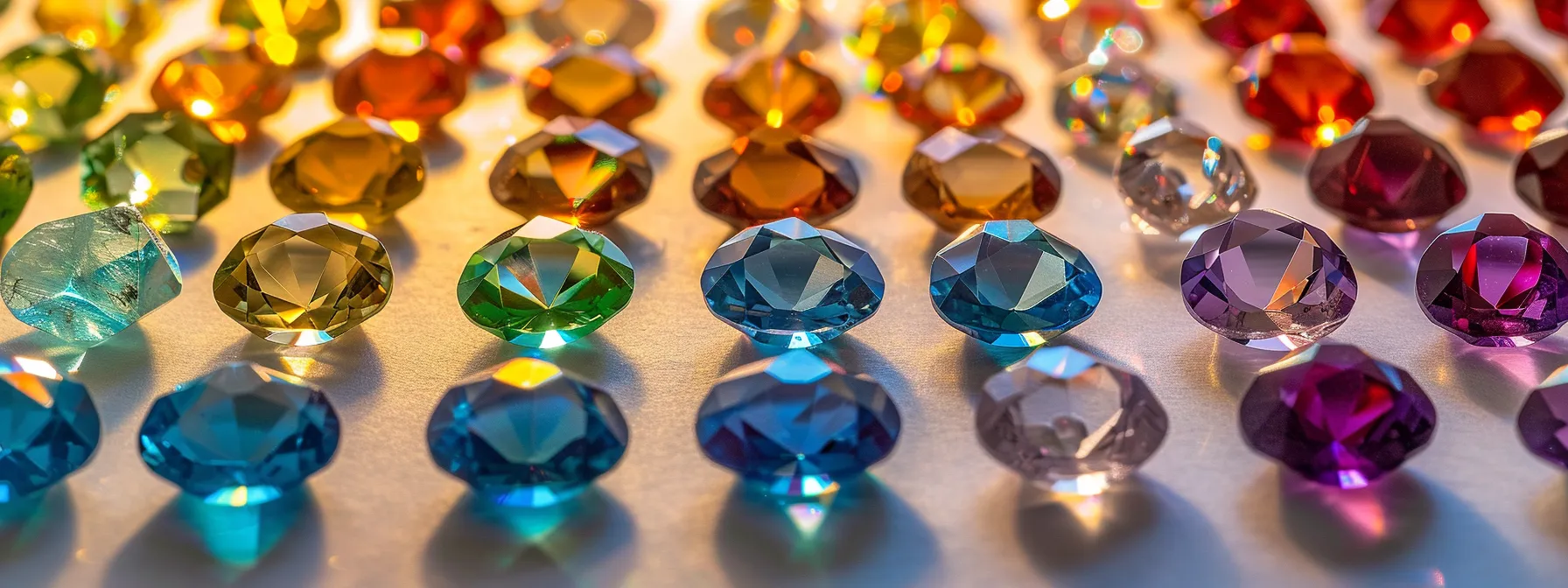 a sparkling array of birthstones arranged by month, each radiating unique colors and energies.