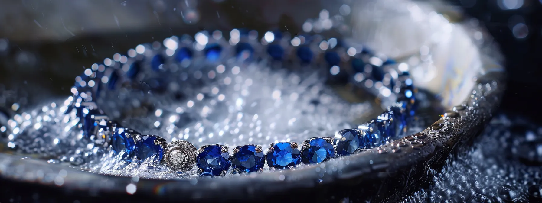 a sparkling blue sapphire bracelet resting on a soft velvet cushion, surrounded by a gentle mist of jewelry cleaning solution.