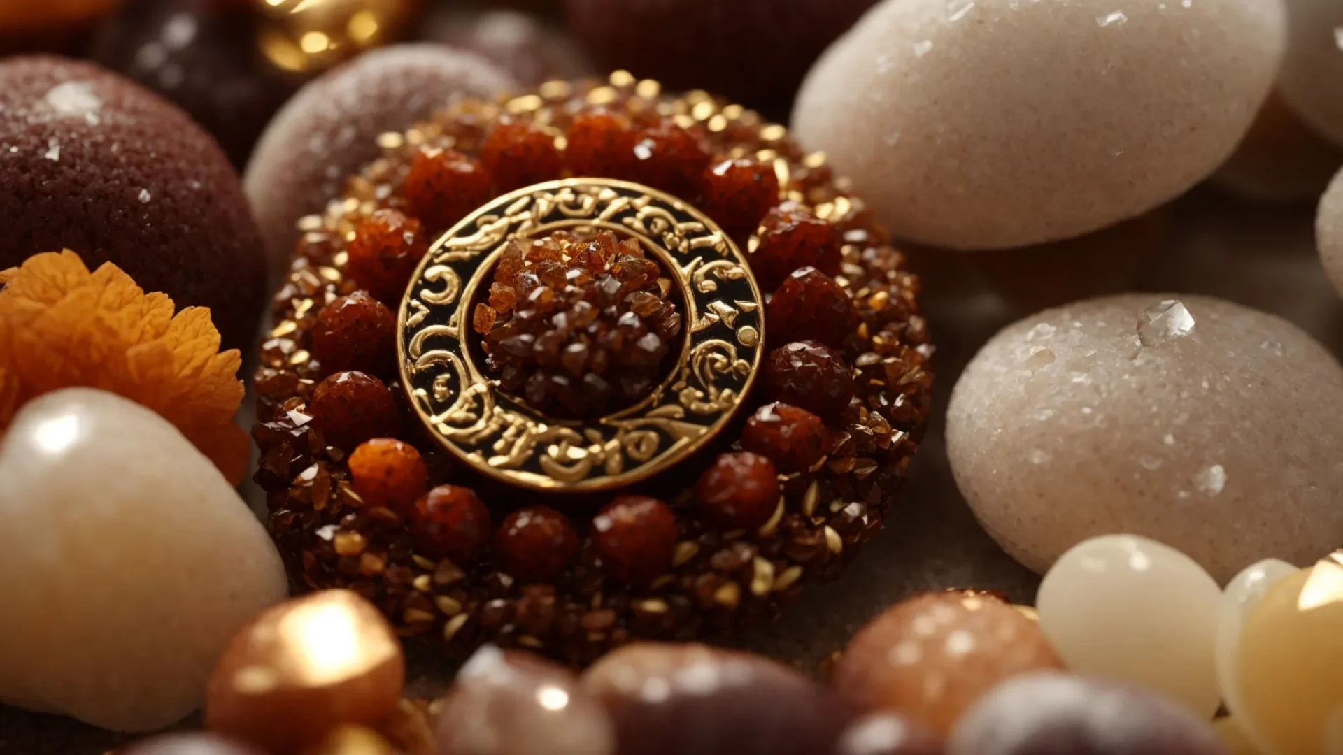 a sparkling nine mukhi rudraksha gleaming under soft sunlight surrounded by healing crystals.