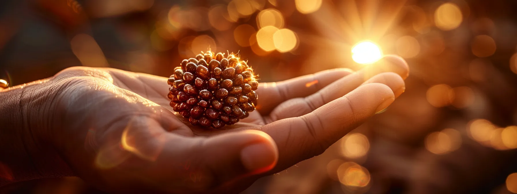 a sparkling one mukhi rudraksha bead glowing in a ray of sunlight, surrounded by soft fabric and gently held in the palm of a hand.