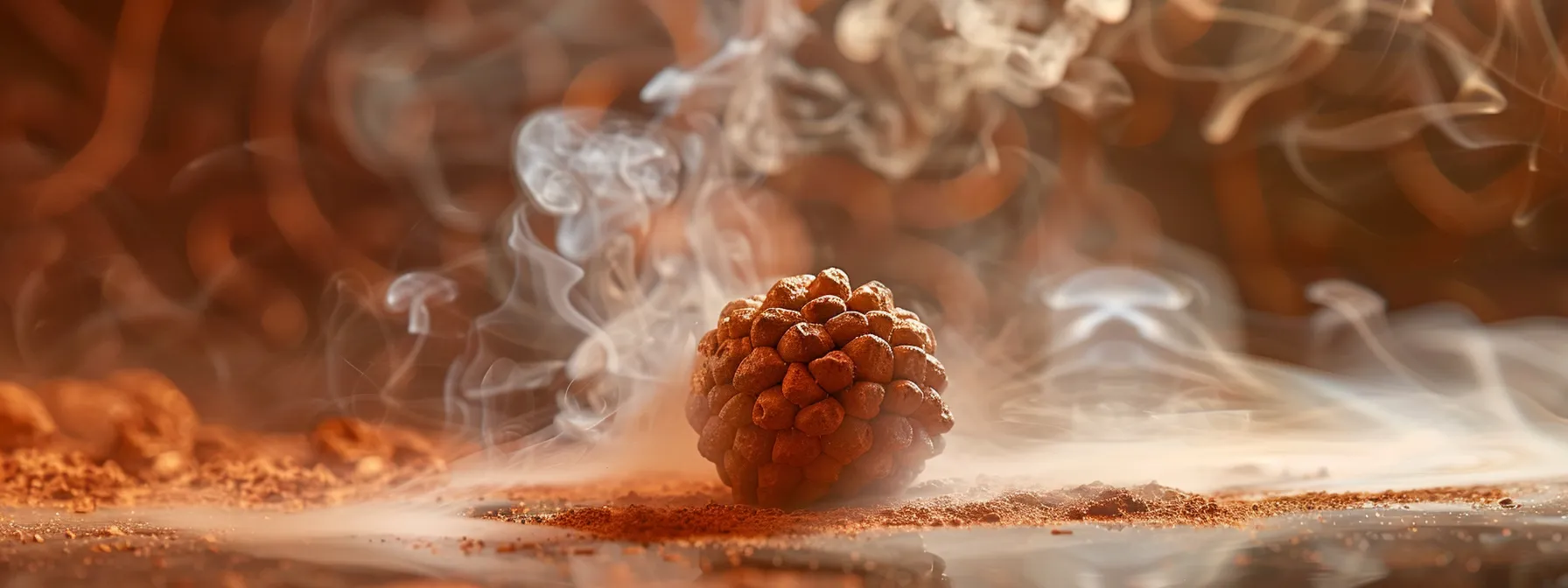 a sparkling, pristine sixteen mukhi rudraksha being gently cleansed with a copper tool, surrounded by a cloud of fragrant incense smoke.