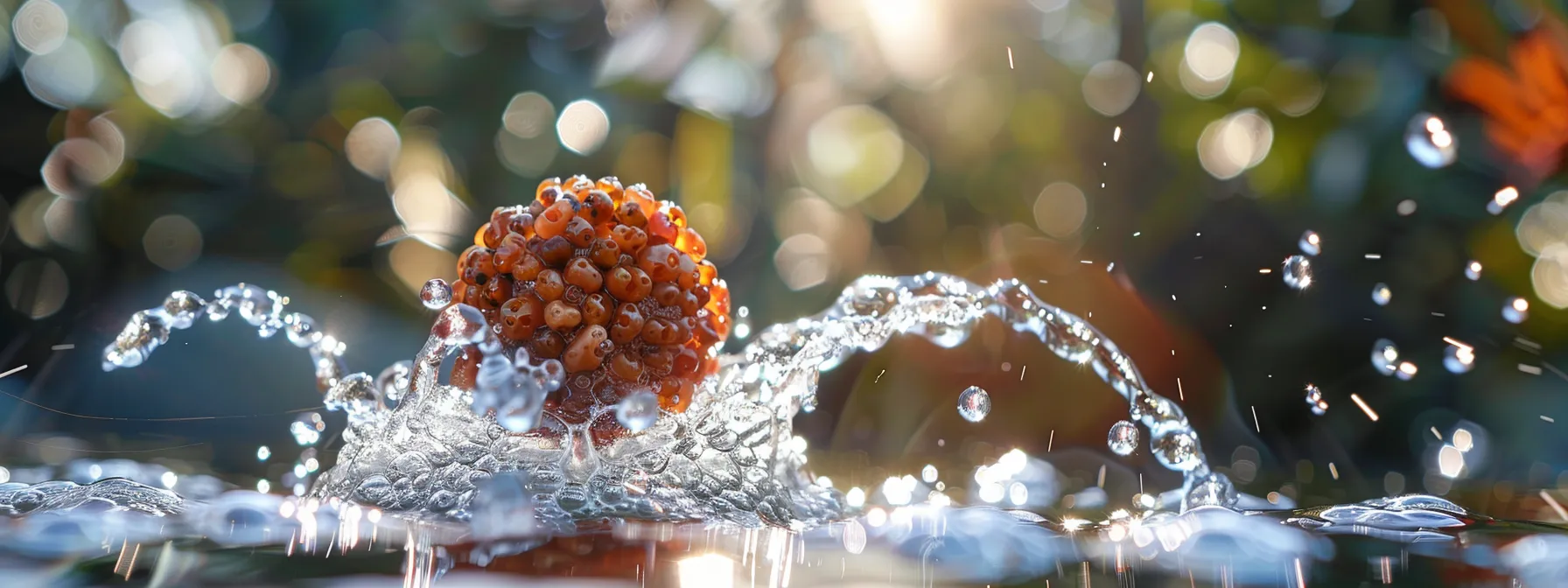 a sparkling twenty mukhi rudraksha bead being gently washed with pure water under the radiant sunlight.