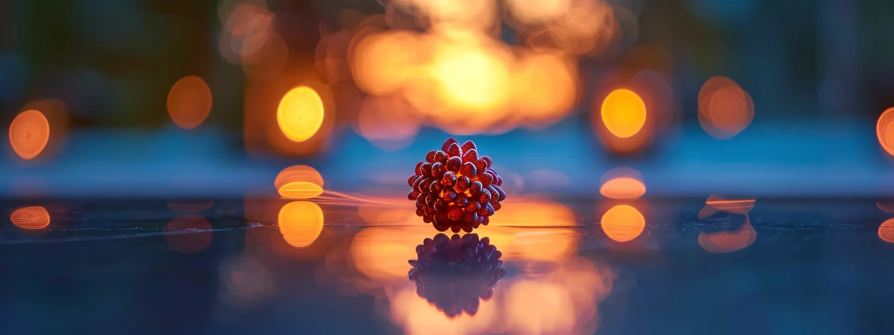 a sparkling twenty one mukhi rudraksha bead gleaming with divine energy, casting a soft halo of light in a tranquil meditation space.