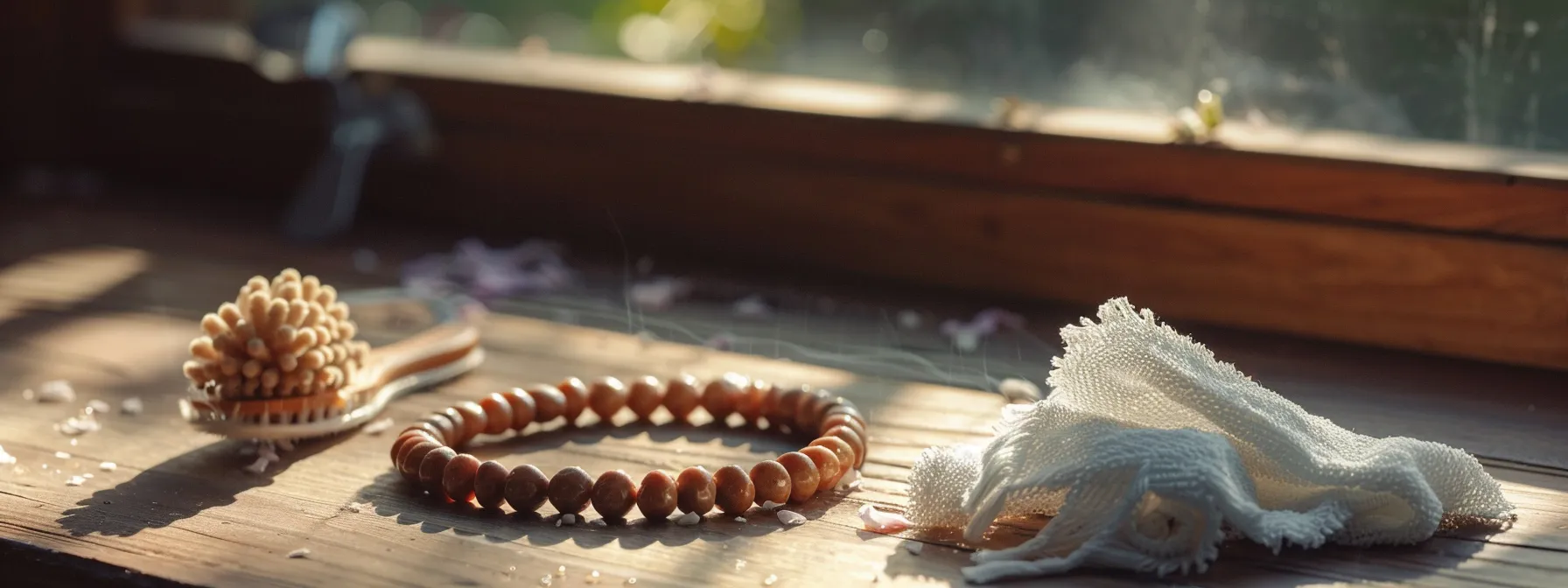 a sparkling white cloth, a gentle cleaning solution, and a soft brush laid out on a wooden table next to a gleaming ten mukhi rudraksha pendant.