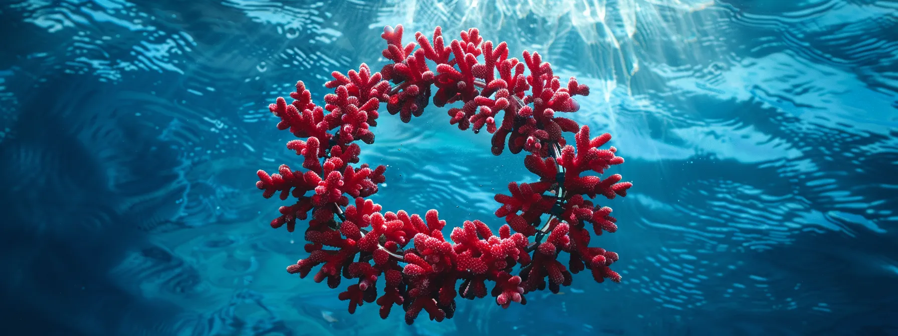 a striking image of a vibrant red coral necklace, symbolizing determination and strength, against a background of serene blue waters.