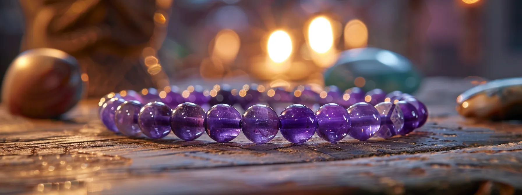 a stunning amethyst february birthstone bracelet shimmering on a rustic wooden table, surrounded by complementary materials like jade and leather.