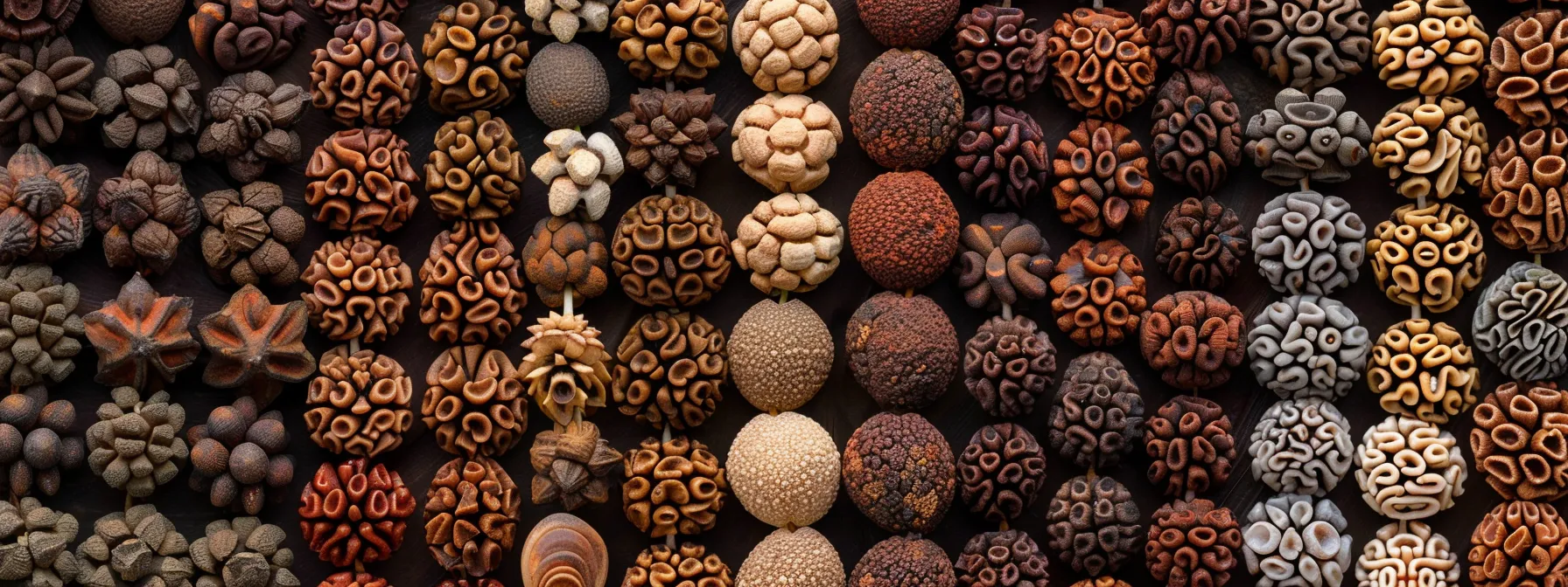 a stunning array of mukhi rudraksha beads, each intricately patterned with symbolic designs, representing diverse deities and offering spiritual growth and relief.