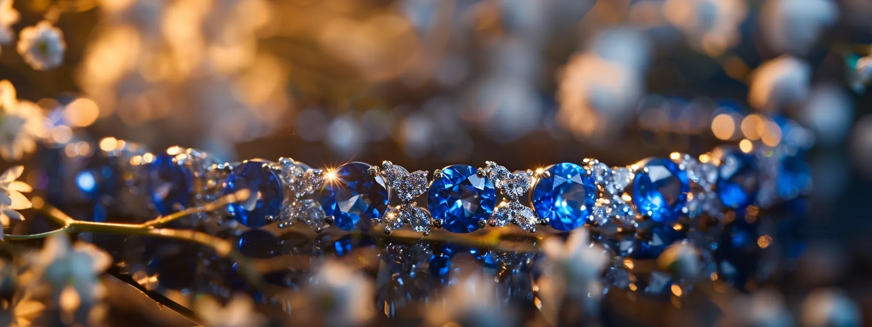 a stunning blue sapphire bracelet gleams under soft, glowing light, showcasing its timeless allure and symbolic importance.