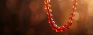 a stunning, fiery red carnelian necklace glistening in the sunlight against a dark background.