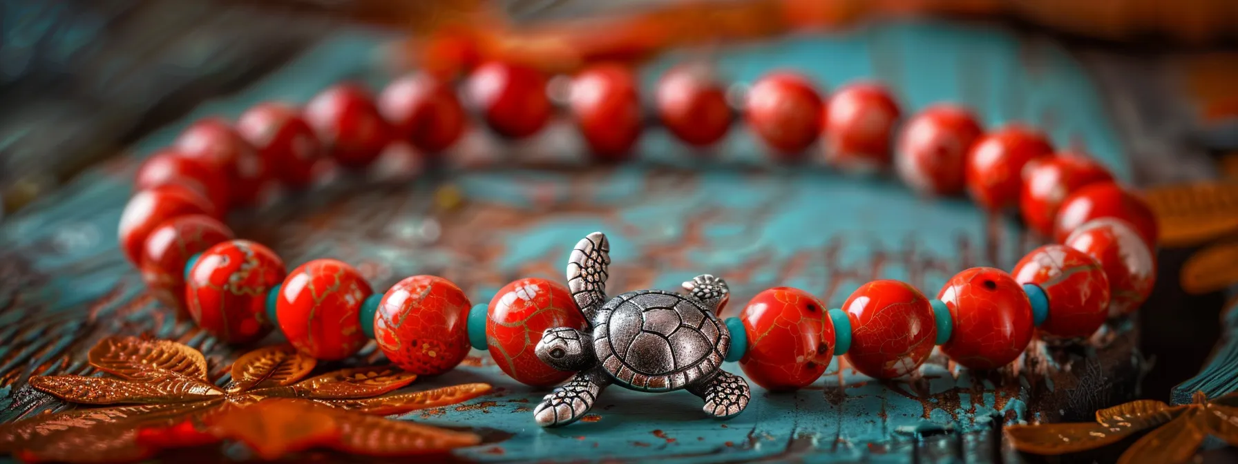 a stunning red coral bracelet adorned with intricate beadwork and a sea turtle charm.