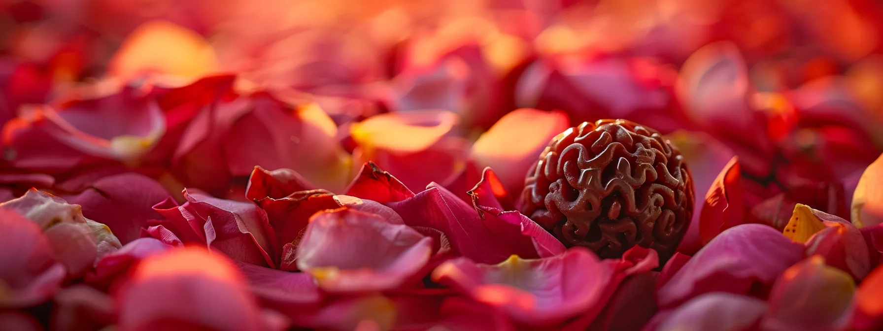 a stunning sixteen mukhi rudraksha bead resting on a bed of fragrant rose petals, radiating a vibrant and powerful energy.