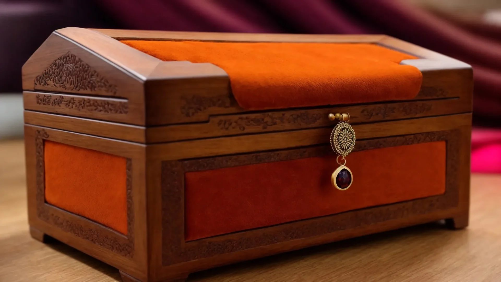 a sturdy wooden jewelry box with soft velvet lining, safely cradling a vibrant nine mukhi rudraksha bead.