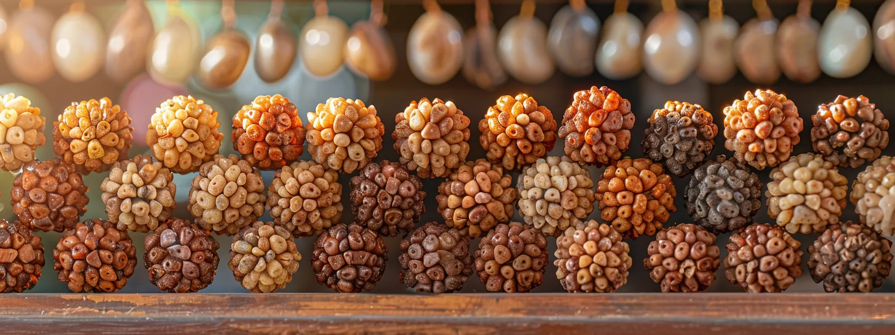 a sunlit display of authentic eight mukhi rudraksha beads from a trusted vendor, gleaming with spiritual energy.