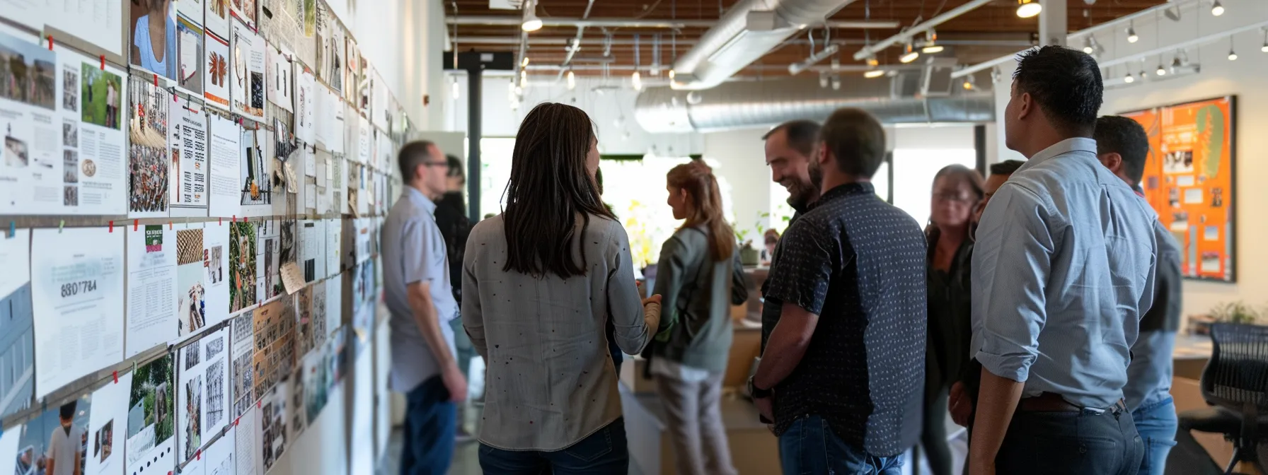 a team of diverse employees gathered around a large, detailed vision board, engaged in a lively discussion about organizational goals and direction.