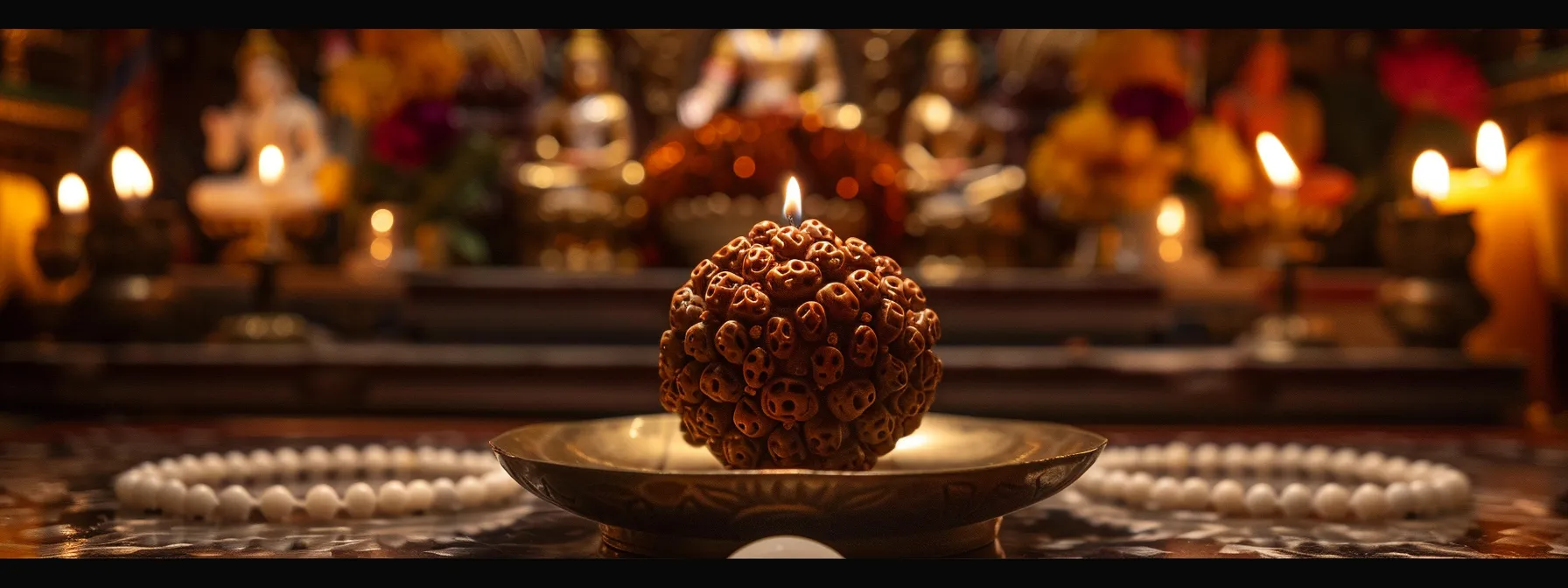 a ten mukhi rudraksha bead glowing with divine energy, surrounded by images of lord vishnu, durga, and bhairava.