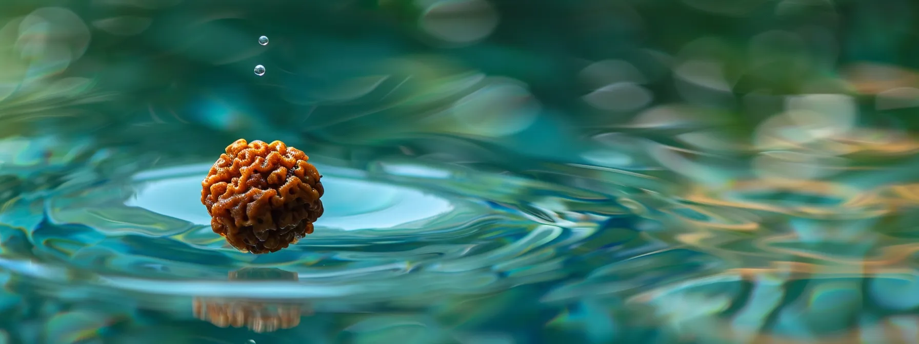 a three mukhi rudraksha bead floating in clear water under bright light with natural markings visible.