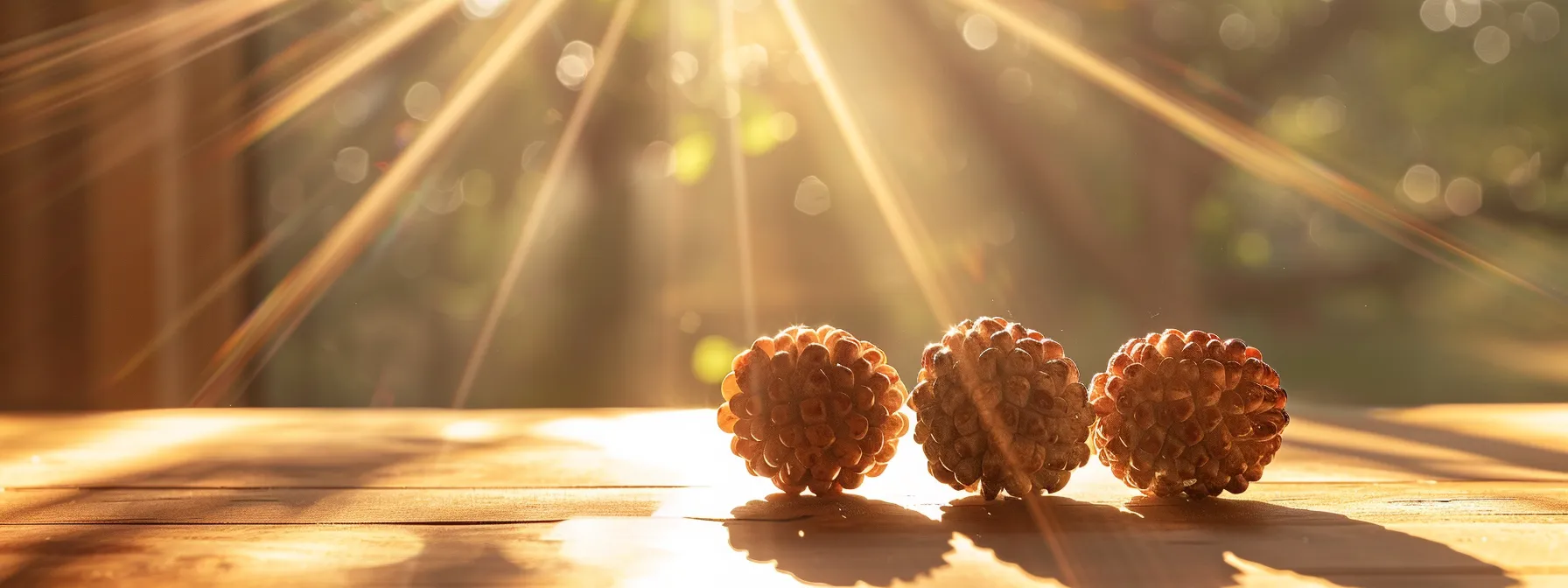 a three mukhi rudraksha gleaming under a beam of soft sunlight, exuding a peaceful and serene energy.