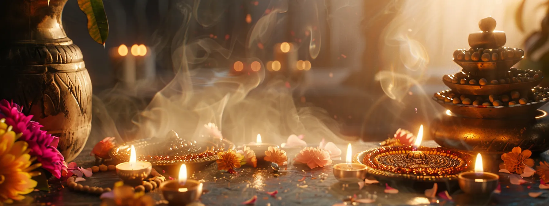 a tranquil altar adorned with a shimmering rudraksha seed, sacred water, yantras, and a rosary, set against a backdrop of soft candlelight and incense smoke, inviting a sense of sacred preparation and spiritual intention.