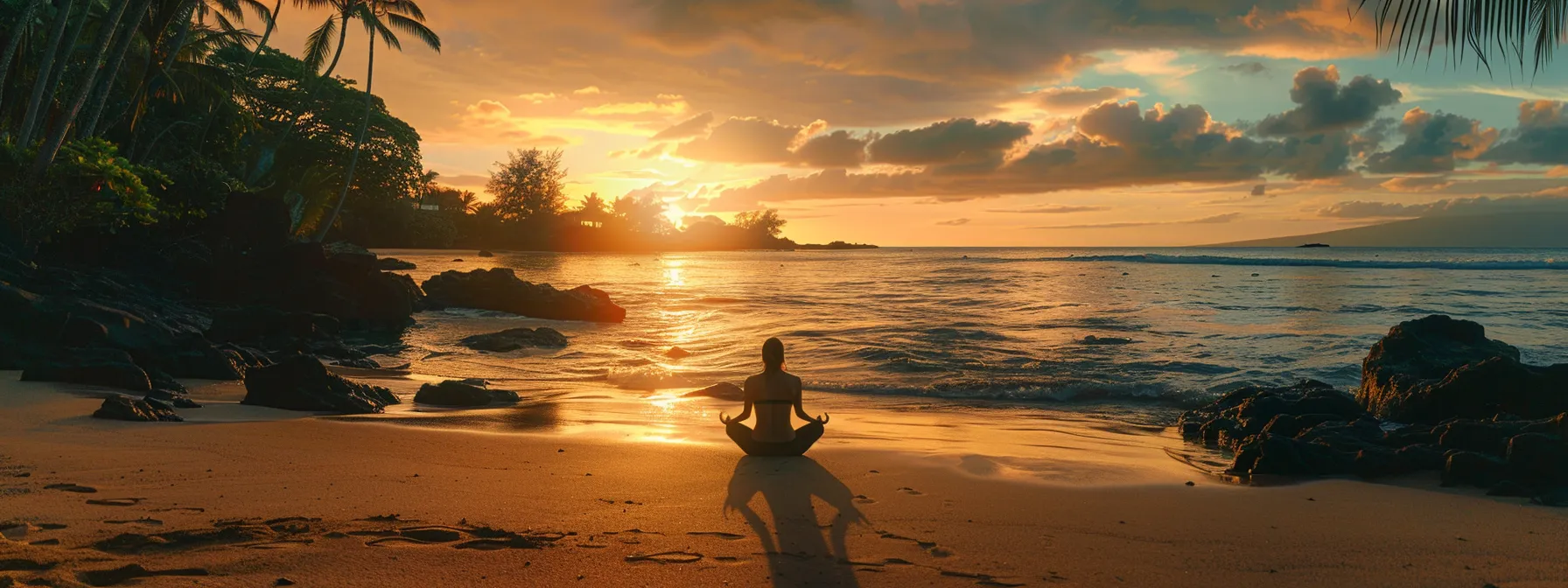 a tranquil beach at sunset with a silhouette of a person in a yoga pose, symbolizing inner peace and personal development through psych-k®.