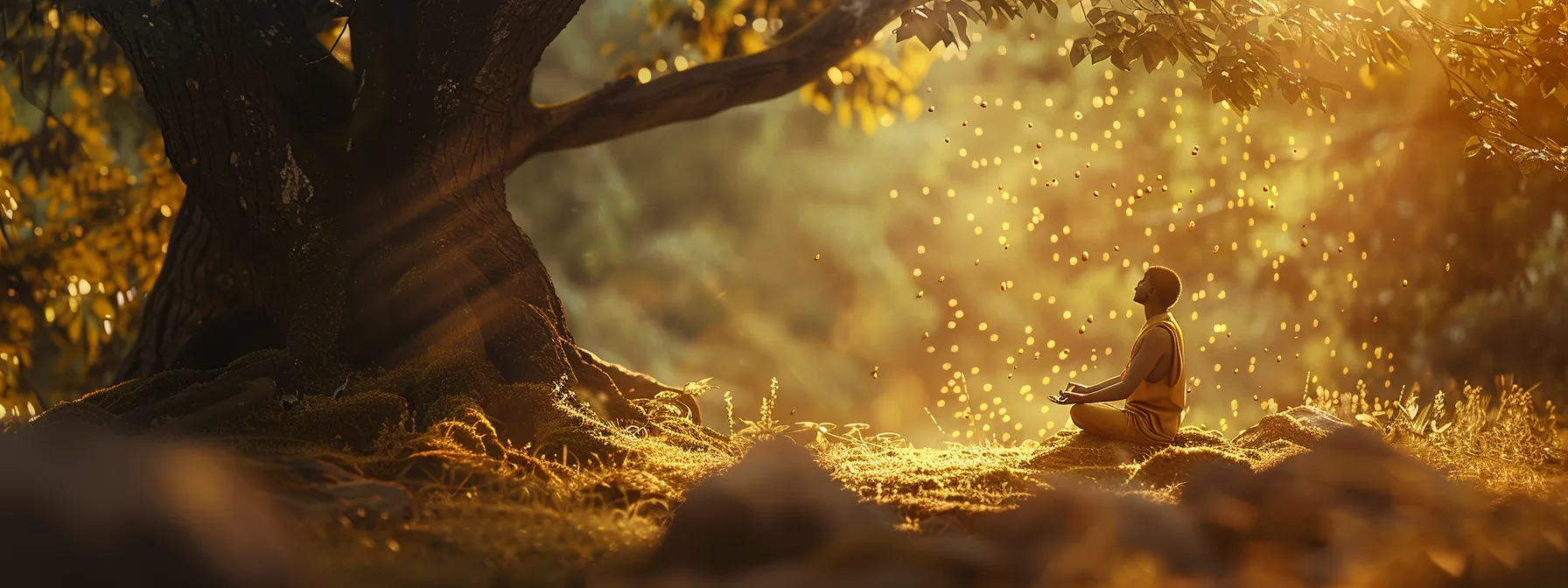 a tranquil individual meditating under a serene tree adorned with a shimmering one mukhi rudraksha bead, surrounded by a golden glow of divine energy.