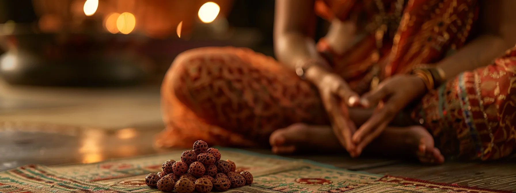 a tranquil meditator surrounded by the powerful presence of a five mukhi rudraksha bead, enhancing their spiritual practice.