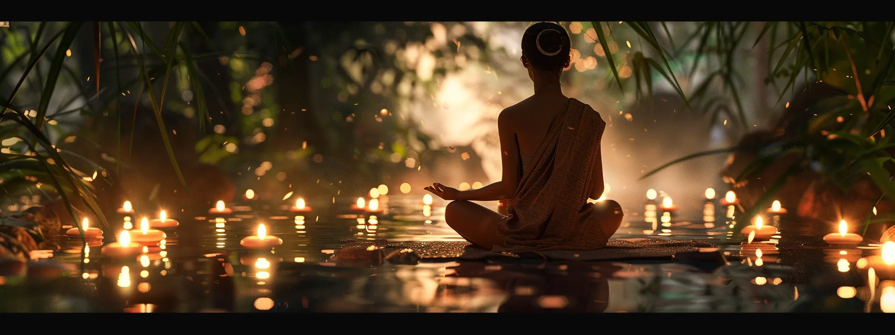 a tranquil person surrounded by soft candlelight and serene nature, deeply immersed in heart coherence meditation.