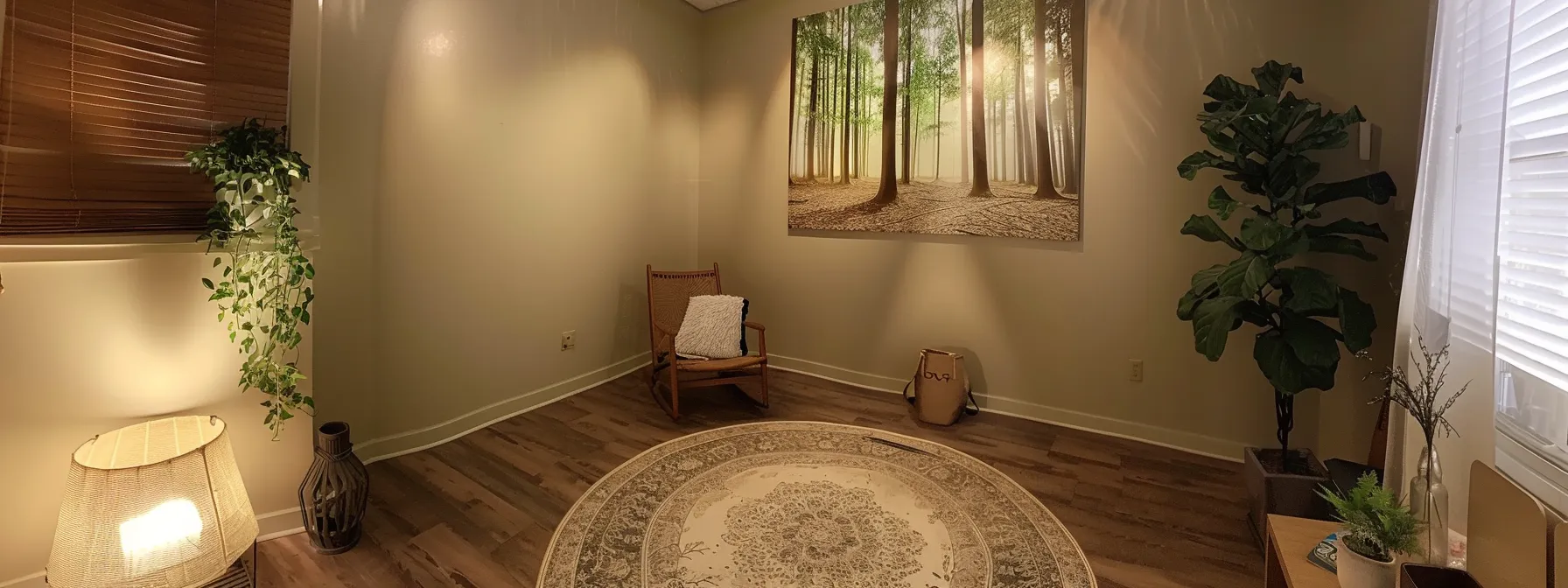 a tranquil room with soft lighting, a cozy chair, and a serene nature painting on the wall, creating the perfect setting for heartmath breathing exercises.