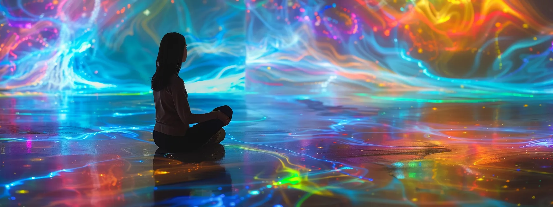 a tranquil scene of a person surrounded by vibrant energy fields, symbolizing the transformative power of psych-k.