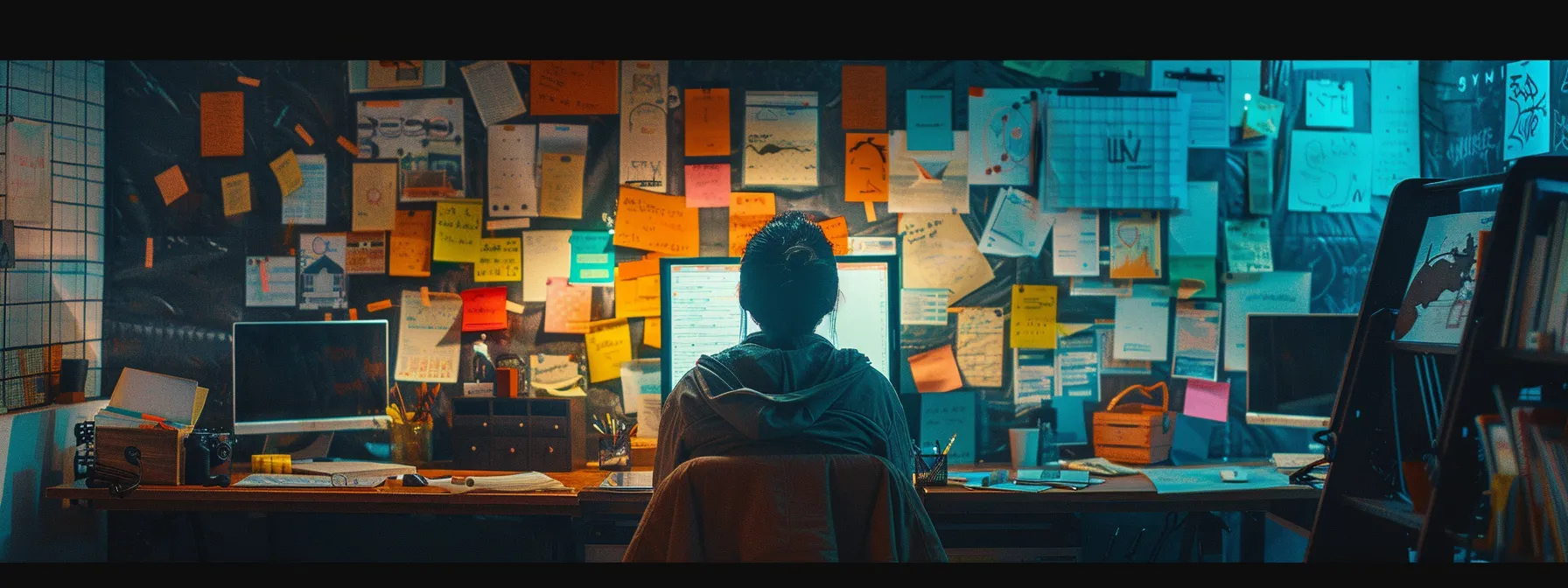 a tranquil scene showing a person setting clear goals in a peaceful, organized workspace, surrounded by motivational quotes and colorful sticky notes.