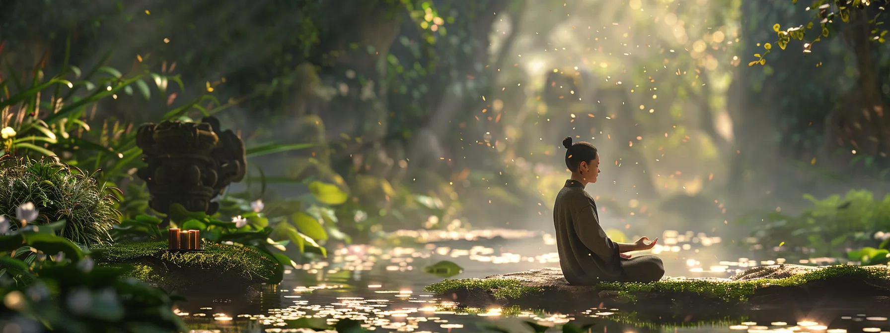 a tranquil setting with soft lighting, a person meditating with closed eyes, surrounded by nature, exuding a sense of peace and emotional balance.