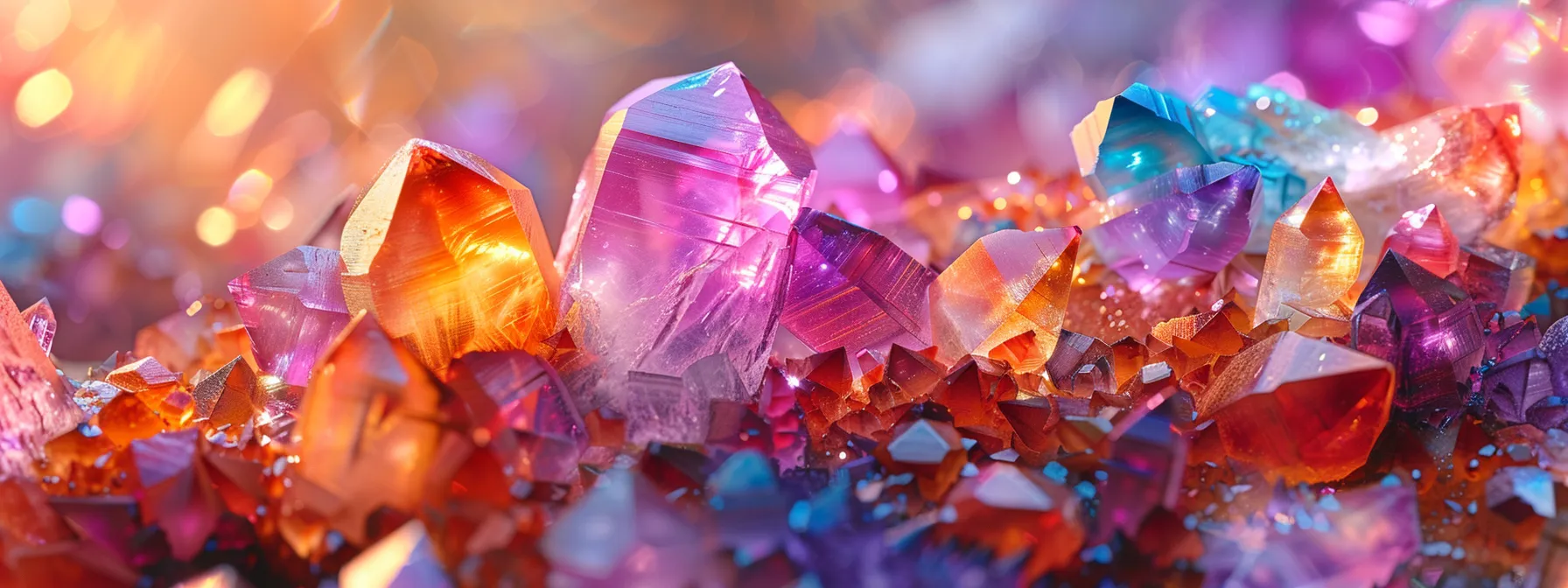 a vibrant array of colorful crystals, including garnet and agate, radiating energy and balance for chakra healing.