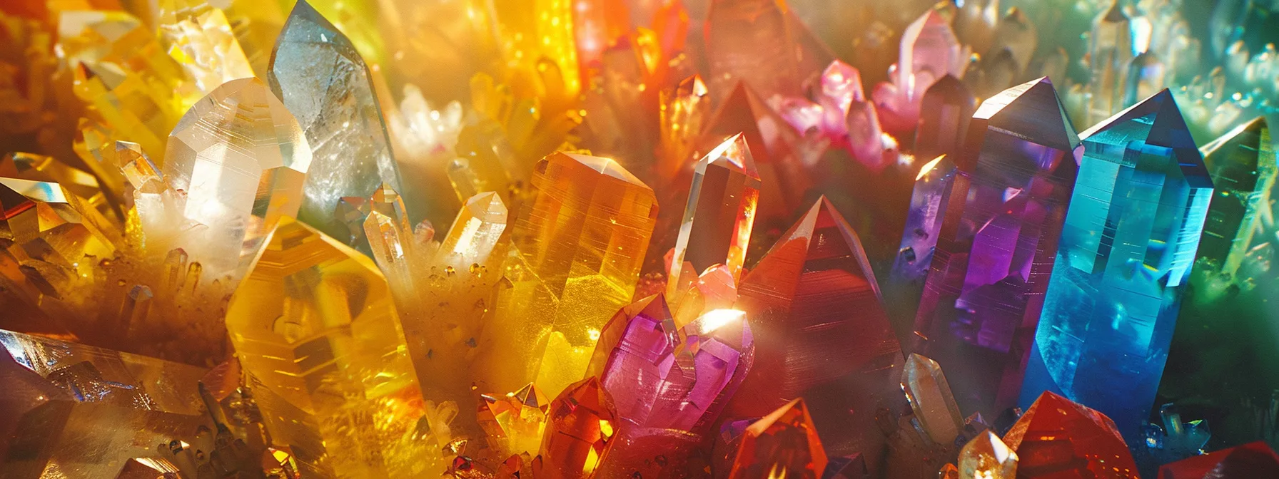 a vibrant display of colorful crystals representing each chakra, shimmering in the sunlight.