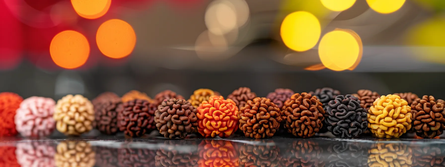 a vibrant, diverse array of fifteen mukhi rudraksha beads displayed on a sleek, modern online platform, surrounded by glowing customer reviews and reassuring return policies.