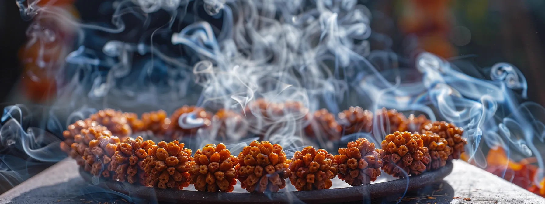 a vibrant eleven mukhi rudraksha necklace being gently purified with aromatic sandalwood smoke.