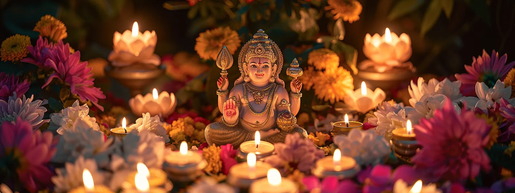 a vibrant ganesha statue surrounded by glowing lamps and colorful flowers, symbolizing devotion and spiritual guidance.